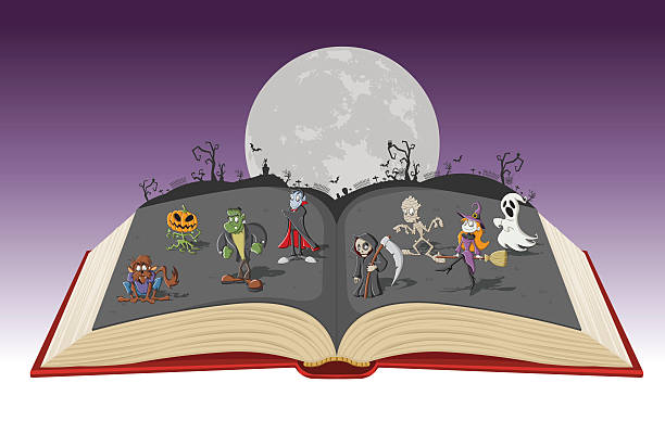 Open book with full moon over a cemetery with funny cartoon classic monster characters. Halloween background.